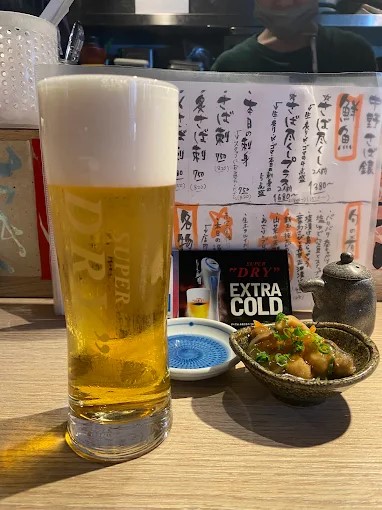 さば銀 名物アミレバ串とスーパードライ